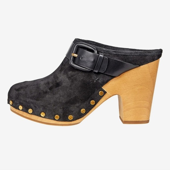 Veronica Beard Dacey buckled studded black suede stacked heel clogs size 9.5 new - Picture 3 of 11